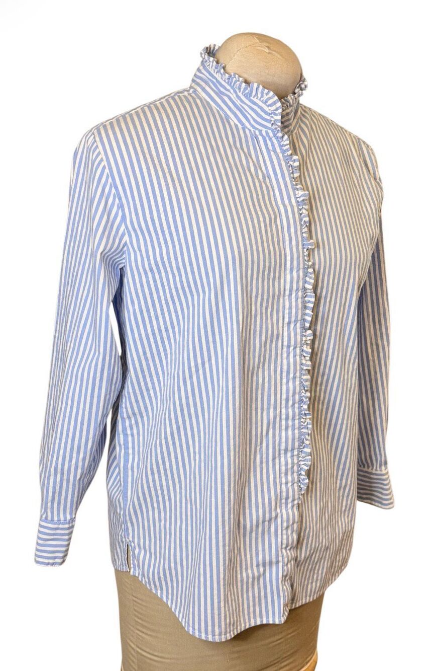 Crown & Ivy Striped Blouse Ruffle Button Front Stand Up Collar Small Preppy Clas - Picture 7 of 10